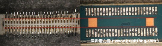 把板對板連接器與其電路板的佈線焊墊作一個(gè)比較，端子的切斷面有毛邊的地方剛好對到了裸銅區(qū)。