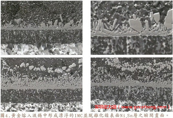下面四張圖片為放大4500倍的SEM圖像，說明在回流焊爐熱量不足的情況下，黃金成份正要從鎳層分離融入焊錫之中的瞬間，當(dāng)零件遭受外力沖擊的時候就極有可能從這一整排AuSn、、AuSn2或AuSn4的IMC處裂開。