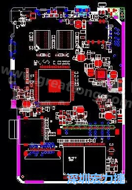上圖是一個(gè)開(kāi)發(fā)板的PCB，從布局中可以看出各個(gè)接口電路分離很明確，SDRAM和DDR以及SD卡接口電路等走線不會(huì)造成相互的干擾。-深圳宏力捷
