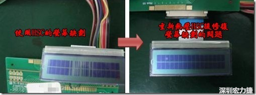 使用HSC的產品在使用一段時間后，通常是一至兩年后就會陸續出現連接處松脫的問題，如果是使用在LCD上的HSC就會出現缺劃的不良現象，下面左圖是使用HSC連接顯示器的產品，在客戶端使用一段時間后出現屏幕缺劃的問題，右圖是同一片產品，經過重新熱壓HSC后屏幕顯示恢復正常的畫面。 
