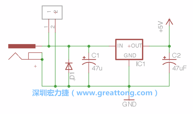 2.5.    新增一個二極體，它會以水平的狀態(tài)出現(xiàn)在屏幕上，請使用「旋轉（Rotate）」工具把它負極那一面朝上，并且用「網(wǎng)絡連接」工具將它連接在電壓調整器的輸入端和接地端之間。