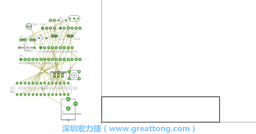 第一次執(zhí)行布線編輯器時，你會發(fā)現(xiàn)有兩個區(qū)塊，左邊的區(qū)塊非?；靵y，而右邊的區(qū)塊則是一個長方形的工作區(qū)域，EAGLE免費版會限制你的工作區(qū)域在4” x 3.2”的范圍內(nèi)，如果你試圖將元件擺放在工作區(qū)外的話，就會跳出警示訊息。
