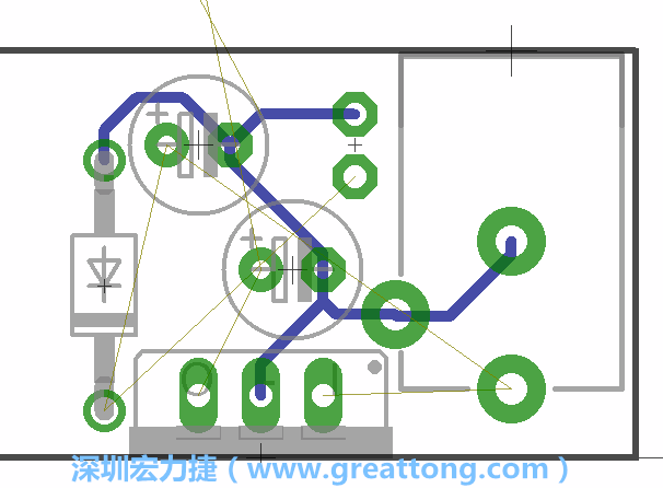 當(dāng)你在擺放元件時，要注意元件間的連結(jié)關(guān)系使用「旋轉(zhuǎn)（Rotate）」工具來讓連結(jié)點更接近、更容易布線。舉例來說，我們可以將這邊的二極體轉(zhuǎn)一個方向來縮短和47μF電容間的連結(jié)距離。