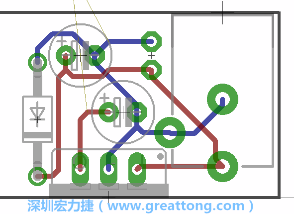接地連結(jié)點的布線情形如下圖所示，利用這個練習(xí)來避免電路連線銳角化的產(chǎn)生是一個不錯的選擇，你可以在工具列中的彎曲線路（Wire Bend）選項里改變各種布線的變化。