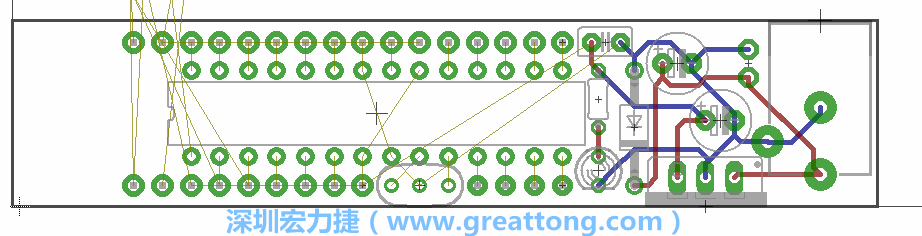 將ATmega微控制器、三個GPIO排針（JP2, JP3, JP4）和諧振器（resonator）排置如上圖所示。