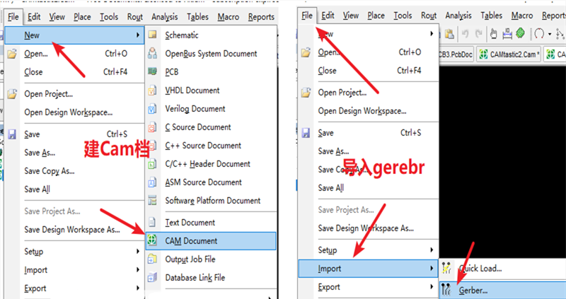 在File下新建 Cam檔，建后再File下導(dǎo)入Gerber文件，選擇所有文件導(dǎo)入gerber。